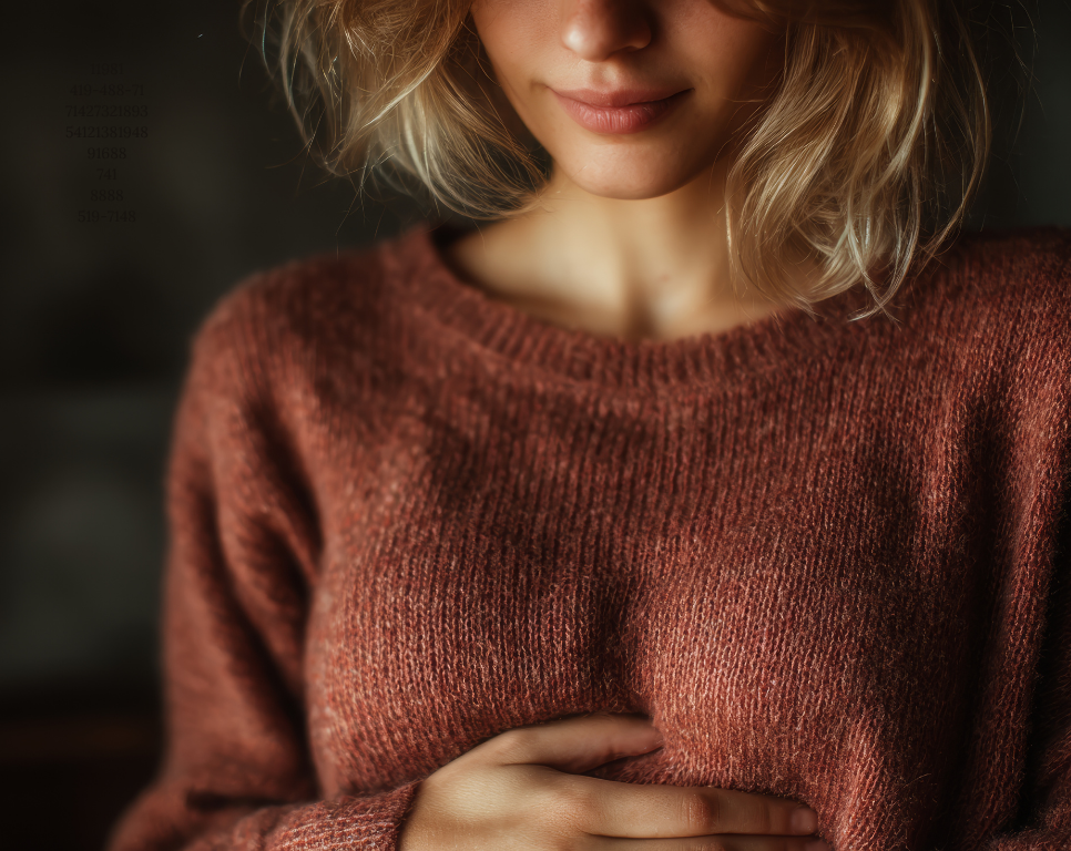 Mujer con una mano en el abdomen en gesto de escucha corporal y conciencia emocional